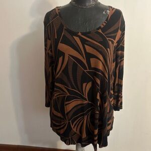 JM Collection Brown/Black abstract swirling pattern 3/4 sleeves tunic, size XL